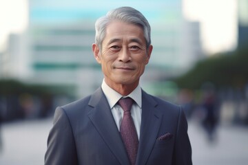 Asian elderly businessman politician on city street during business travel, headshot. Generative AI - obrazy, fototapety, plakaty