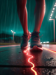 Woman feet with running shoe on a sport race track red lightning, Generative AI - 619111461