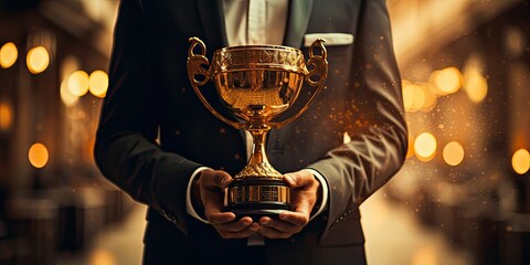 Fototapeta na wymiar Businessman holds up a winning golden trophy 