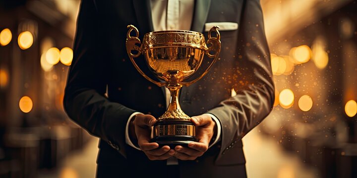 Businessman holds up a winning golden trophy 