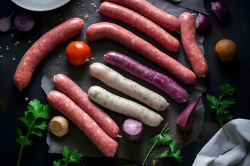 Assorted raw homemade sausages on black background. Flat lay, top view - obrazy, fototapety, plakaty
