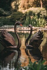 Two black swans are swimming in a pond. Generative AI image.