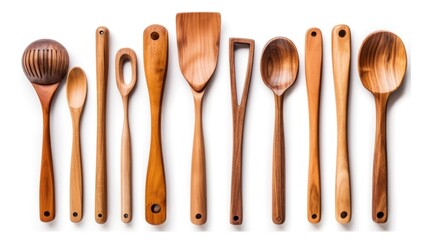 A group of wooden spoons and spatensils on a white surface. Generative AI image.
