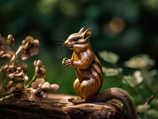 A statue of a squirrel sitting on a tree stump. Generative AI image.