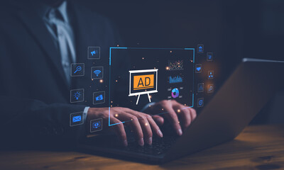 Digital online marketing commerce sale concept. Website advertising, Promotion of products or services through digital channels search engine, social media, email, Digital Marketing Strategy and Goals