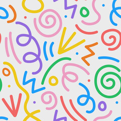 Wavy shapes and swirling strokes. Vector seamless pattern. Attractive multi-colored design, children's doodle lines, suitable for general background illustrations.