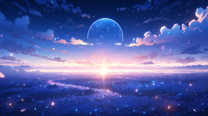 Fototapeta na wymiar Fairy tale world dream starry sky illustration, caring poster for World Autism Day