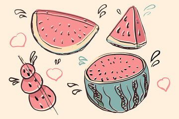 Watermelon popsicle, yummy fresh summer fruit sweet dessert.
Fresh ripe striped sliced watermelon. sketch style. Hand-drawn illustration style. Imitation of a brush. Line illustration