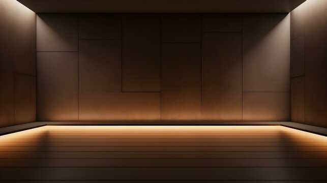 Empty geometrical Room in Brown Colors with beautiful Lighting. Futuristic Background for Product Presentation.