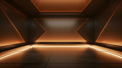 Empty geometrical Room in Caramel Colors with beautiful Lighting. Futuristic Background for Product Presentation.