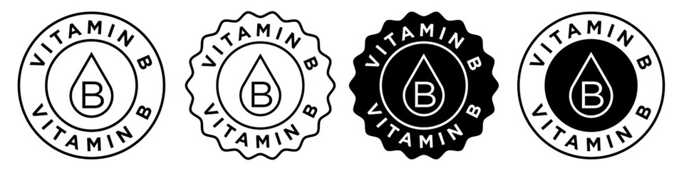 Vitamin b icon tag collection. Vector badge symbol of multivitamins b emblem seal sticker. Rich of vitamins b supplement circular round stamp. Health nutrition Complex with mineral outlined and filled © Krupal