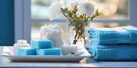 Fototapeta na wymiar Blue towels with lotion and soap laying on a countertop