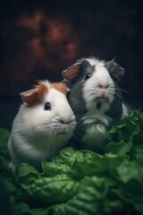 A couple of small animals sitting on top of a bed of lettuce. Generative AI image.