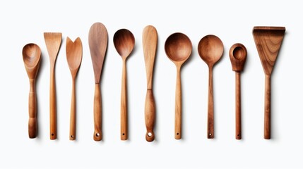 A group of wooden spoons and spatensils on a white surface. Generative AI image.