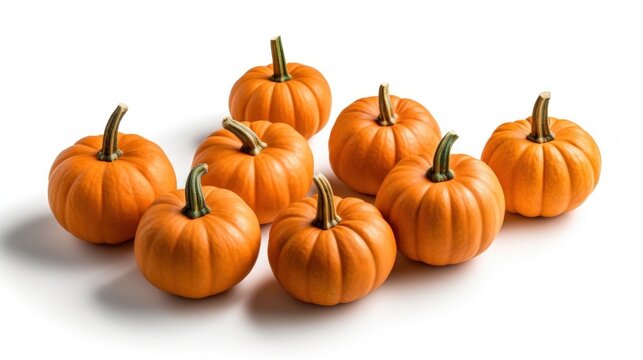 A group of small pumpkins on a white surface. Generative AI image.