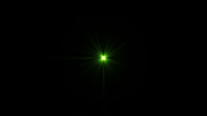 Loop center glow green star rays lights optical lens flares shiny radial  animation art on black abstract  background for screen project overlay.Lighting lamp rays effect dynamic bright video 