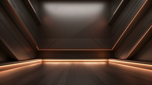 Empty geometrical Room in Chocolate Colors with beautiful Lighting. Futuristic Background for Product Presentation.