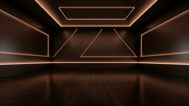 Empty geometrical Room in Chocolate Colors with beautiful Lighting. Futuristic Background for Product Presentation.