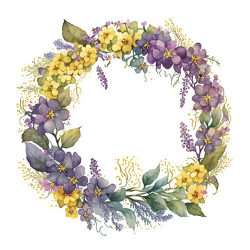 Watercolor floral wreath with yellow and purple flowers illustration Generative AI, png image.