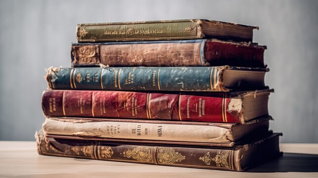 A stack of books sitting on top of a wooden table. Generative AI image.