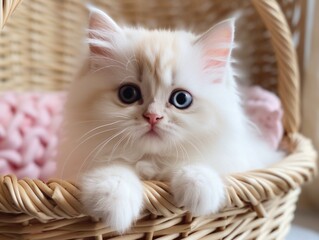 A white kitten sitting in a wicker basket. Generative AI image.