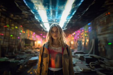 Fototapeta premium Schönes Gesicht einer Frau in Blaulicht Neon Porträt, ai generativ