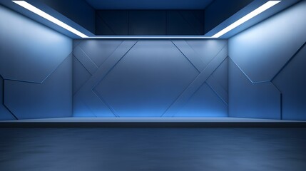 Fototapeta premium Empty geometrical Room in Cornflower Blue Colors with beautiful Lighting. Futuristic Background for Product Presentation.