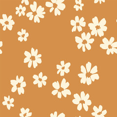 Seamless floral pattern, liberty ditsy print with simple daisy buds. Cute botanical design with tiny hand drawn plants: small white flowers on a natural background. Vector illustration.