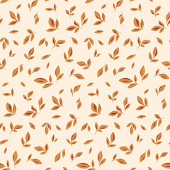 Seamless botanical pattern, liberty print, ornament with hand drawn autumn flora in vintage style. Floral design with small brown foliage: tiny sketch leaves on a light background. Vector illustration