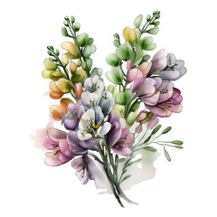 Watercolor bouquet with freesia flowers illustration Generative AI, png image.
