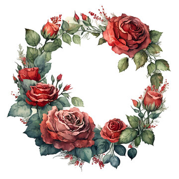 Watercolor wreath with red roses illustration Generative AI, png image.