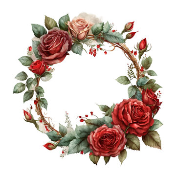 Watercolor wreath with red roses illustration Generative AI, png image.