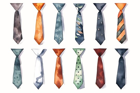 Necktie watercolor isolated on white background. Set of fashion men tie. Father or male elements illustration. Generative Ai.