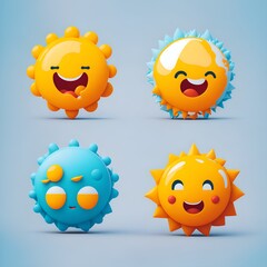 Photo of Four cute and playful cartoon sunflowers with different expressions on a sunny day