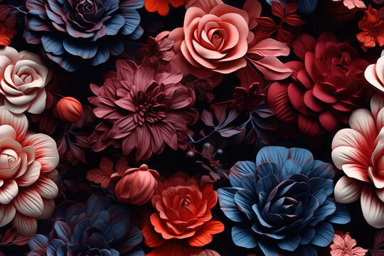 Bunte Vintage und Retro Blumen - Nahtloses Muster - Florale Textur im Aquarel Stil auf dunklen Hintergrund