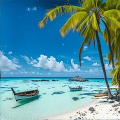 Naklejka premium Photo of a serene tropical beach with palm trees and boats