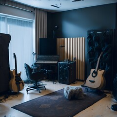 Photo of a room with guitars, a guitar, and a rug
