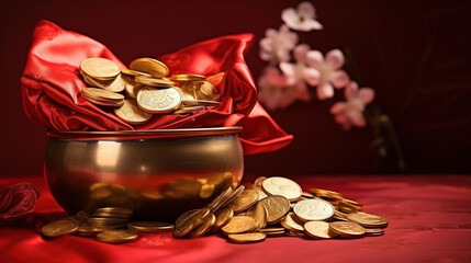 Chinese new year decorations made from red packet and gold ingots or golden lump. Chinese characters on the object means to fortune, good luck, wealth, and money flow - obrazy, fototapety, plakaty