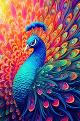 Fototapeta premium A colorful peacock is standing in front of a colorful background. Generative AI image.