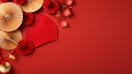 Chinese new year festival decorations made from chinese good luck symbol and plum blossom on a red background. Flat lay, top view with space