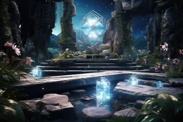 Esoteric place in the forest with Zen Temple for meditation with crystals and semi-precious stones. Generative AI.