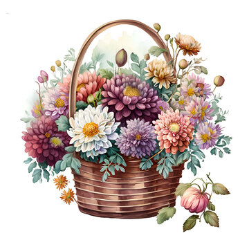 Watercolor basket of chrysanthemum flowers illustration Generative AI, png image.