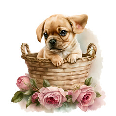 Watercolor cute puppy with pink flowers illustration Generative AI, png image.