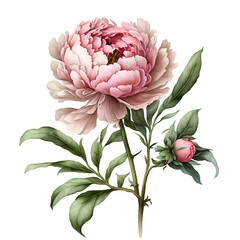 Watercolor cute pink peony flower illustration Generative AI, png image.