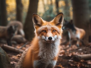 A close up of a fox in a forest. Generative AI image.