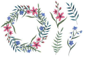 Fototapeta na wymiar Wildflowers wreath and individual elements of flowers and leaves. Watercolor floral border for greeting card and invitation. Hand-painted botanical illustration.