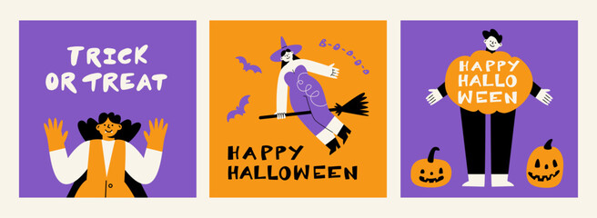 A set of postcards for Halloween. Funny people in suits. The inscription Trick or treat. Pumpkin, witch and Vampire