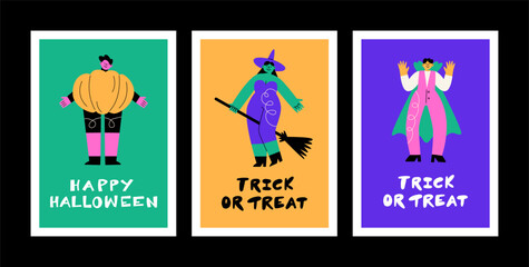 A set of postcards for Halloween. Funny people in suits. The inscription Trick or treat. Pumpkin, witch and Vampire