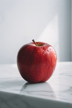 A red apple sitting on top of a white counter. Generative AI image.