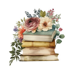 Watercolor stack of books with flowers illustration Generative AI, png image.